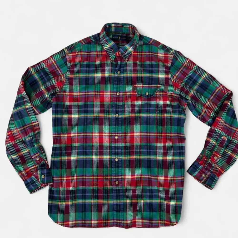 Polo Ralph Lauren Red and green plaid flannel button down shirt L 100% cotton